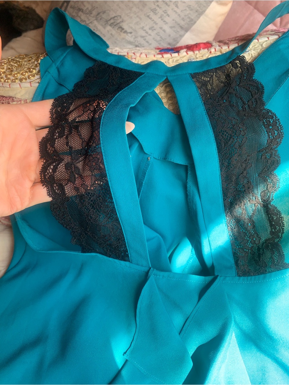 BCBGeneration Teal Chemise with Black Lace Trim